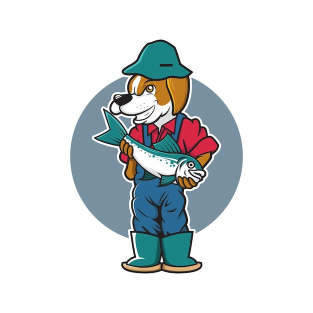 Diseño de ilustración de vector de dibujos animados de mascota de perro pescador