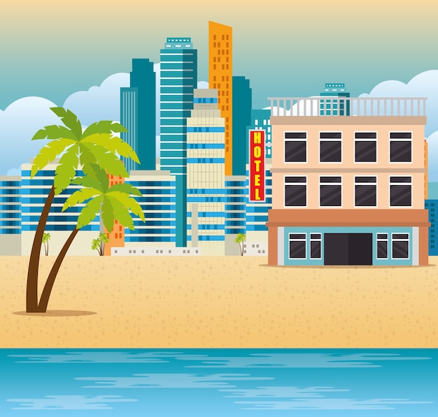 Diseño de ilustración de vector de escena de paisaje urbano de miami beach