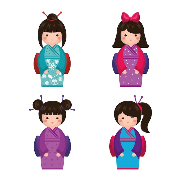 Vector diseño de ilustración de vector de icono de muñeca japonesa chica