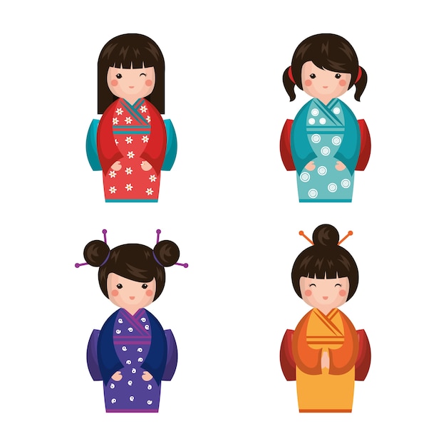 diseño de ilustración de vector de icono de muñeca japonesa chica