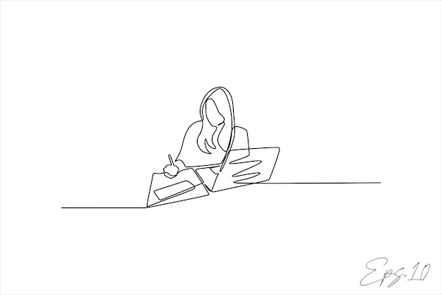 diseño de ilustración de vector de línea continua de una mujer frente a una computadora portátil