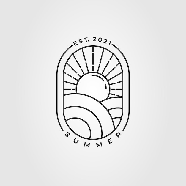 Diseño de ilustración de vector de logotipo de arte de línea de verano minimalista. puesta de sol simple, amanecer, icono de arte de línea de paisaje de rayos de sol