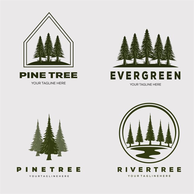 Diseño de ilustración de vector de logotipo de conjunto de bosque de pinos