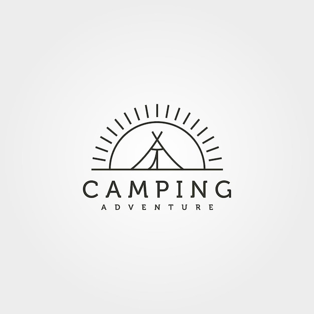 Diseño de ilustración de vector de logotipo de línea de campamento de verano, diseño de logotipo mínimo de carpa y puesta de sol