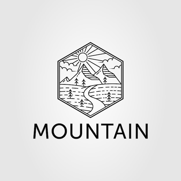 Diseño de ilustración de vector de logotipo de montaña con rayos de sol y pino