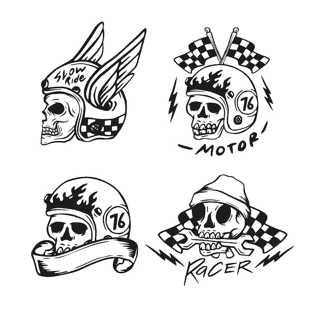Diseño de ilustración de vector de motocicleta casco y cráneo en estilo retro vintage