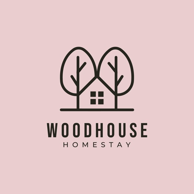 Diseño de ilustración de vector de naturaleza de logotipo de casa de madera de arte de línea Diseño de ilustración de símbolo de vector de logotipo creativo de árbol de cabina