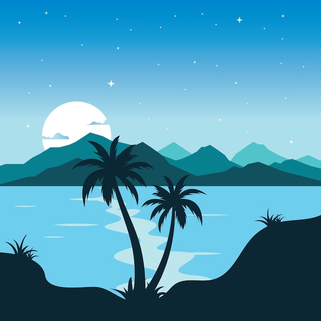 Diseño de ilustración de vector de paisaje de vista nocturna de la isla