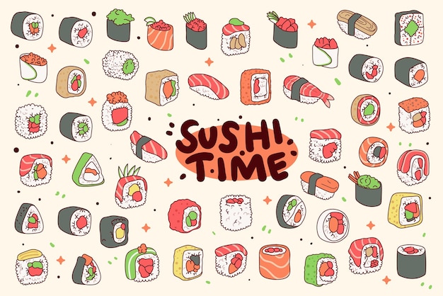 Diseño de ilustración de vector de sushi lindo dibujado a mano