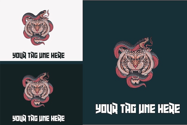 Diseño de ilustración de vector de tigre y serpiente de cabeza dibujada a mano