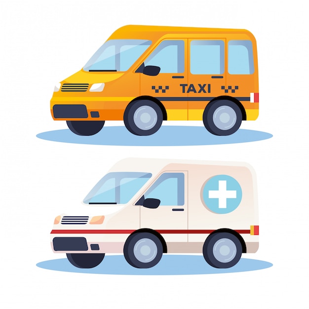 Diseño de ilustración de vehículos de transporte de ambulancia y taxi