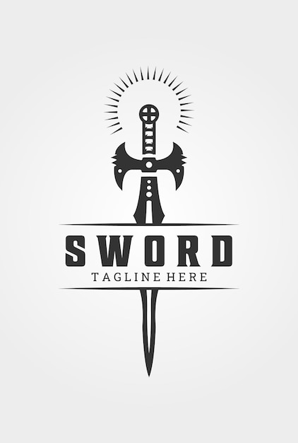 El diseño de la ilustración vintage del vector del logotipo de la espada de fantasía