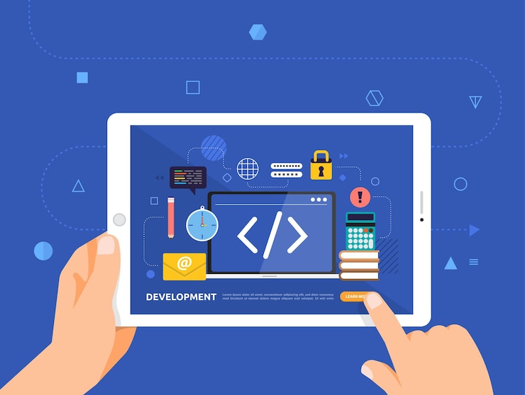 Vector diseño de ilustraciones concpt e-learning con clic de mano en tableta desarrollo de código de curso en línea