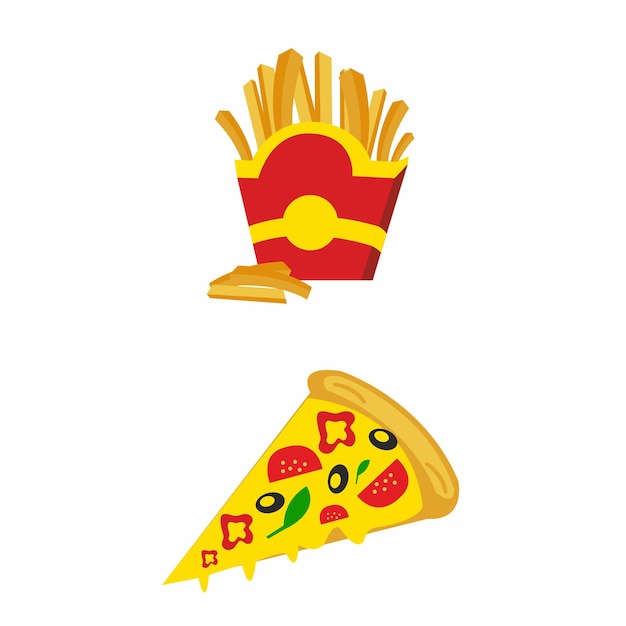 Diseño de ilustraciones de papas fritas y pizza.