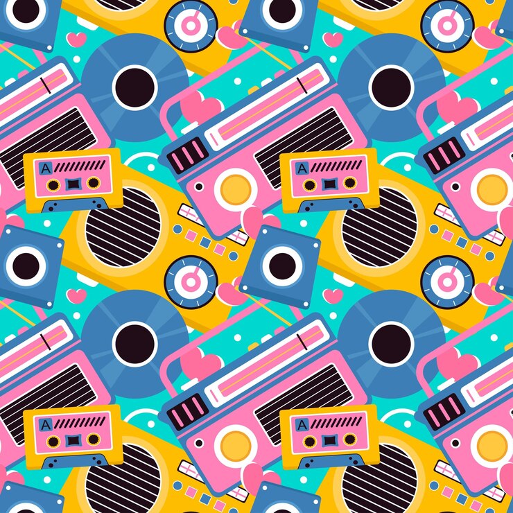Vector diseño de ilustraciones de patrones sin costuras de radio con reproductor para grabar y escuchar música