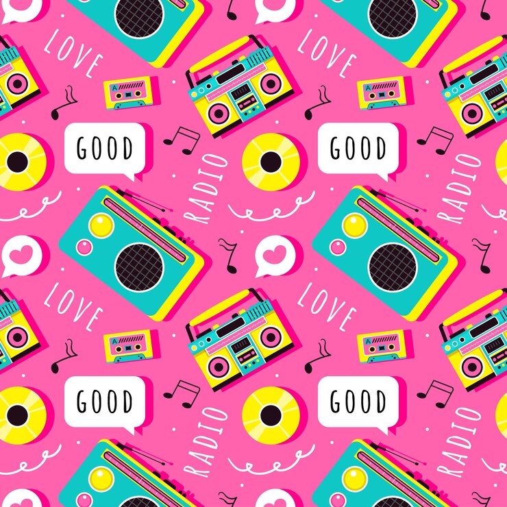 Vector diseño de ilustraciones de patrones sin costuras de radio con reproductor para grabar y escuchar música