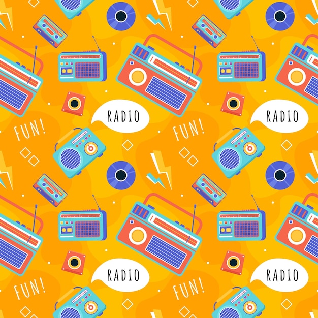 Diseño de ilustraciones de patrones sin costuras de radio con reproductor para grabar y escuchar música