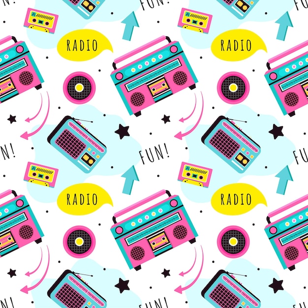Diseño de ilustraciones de patrones sin costuras de radio con reproductor para grabar y escuchar música
