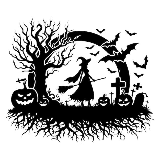 Diseño de ilustraciones de silueta de arte de Halloween en color negro