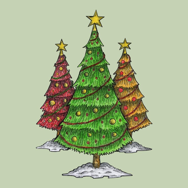 Vector diseño de ilustraciones de los tres árboles de navidad dibujados a mano