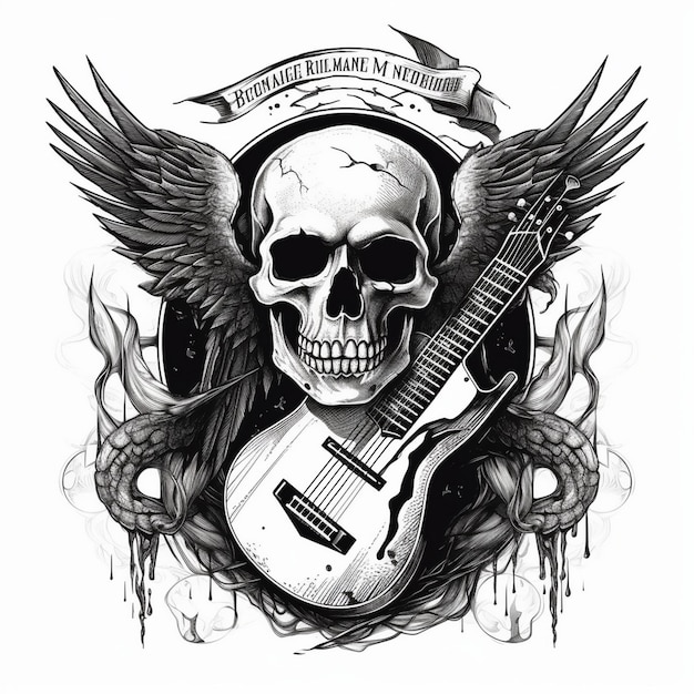 Diseño de ilustraciones vectoriales de alas de calavera de logotipo musical y guitarra