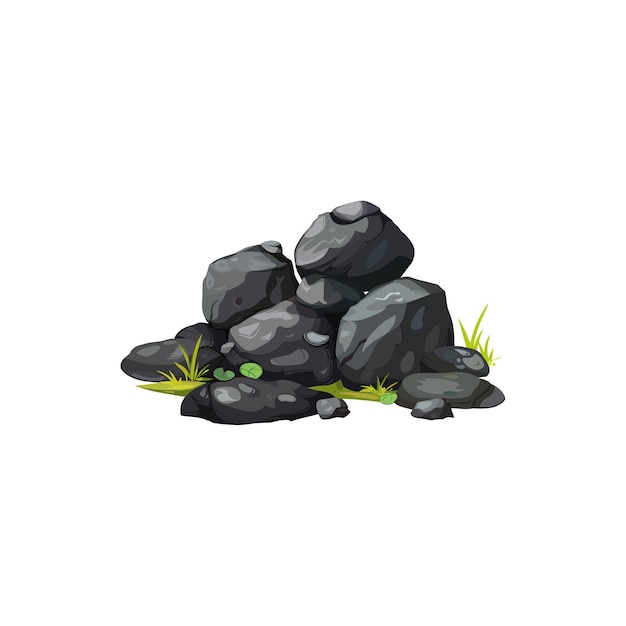 Diseño de ilustraciones vectoriales de pilas de rocas oscuras con hierba verde
