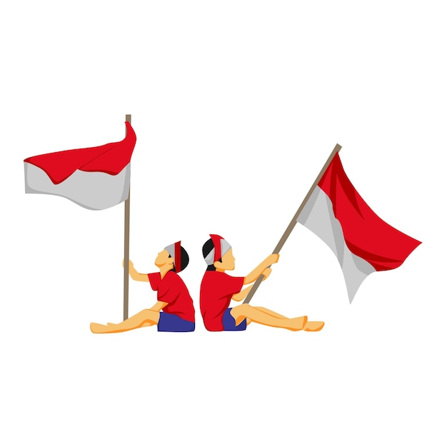 diseño ilustrativo de niños portando banderas celebrando el día de la independencia de Indonesia