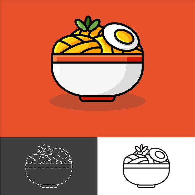 Vector diseño ilustrativo de un plato de fideos con huevos y verduras