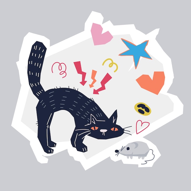 Vector diseño de impresión de pegatinas con un divertido gato negro cazando un vector plano de ratón aislado