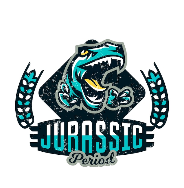 Diseño para imprimir en una camiseta aislada en un dinosaurio de fondo blanco del período Jurásico Emblema de efecto grunge vintage americano Mundo antiguo la era de los dinosaurios Ilustración vectorial
