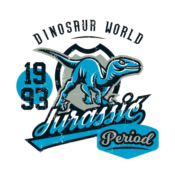 Diseño para imprimir en una camiseta dinosaurio agresivo listo para atacar Período Jurásico depredador de la antigüedad estilo deportivo Ilustración vectorial efecto grunge