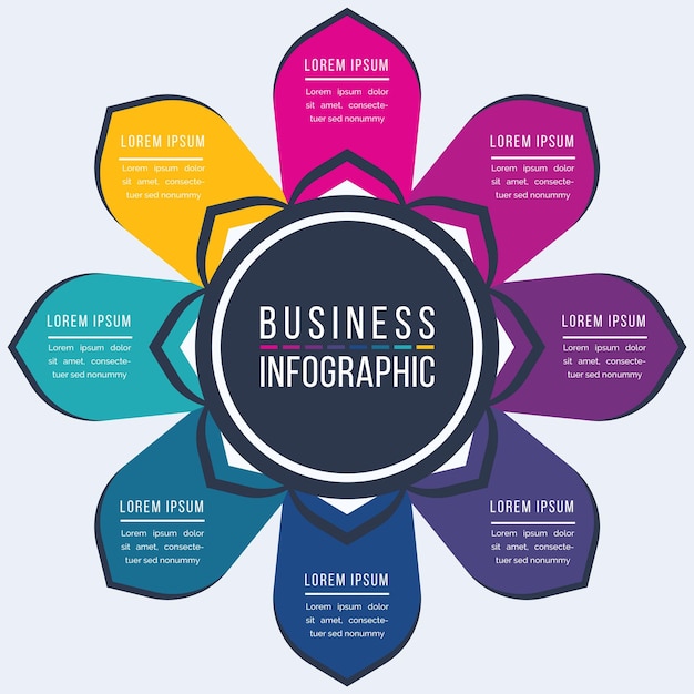 Diseño de infografía 8 pasos objetos opciones o elementos información de negocios infografía colorida