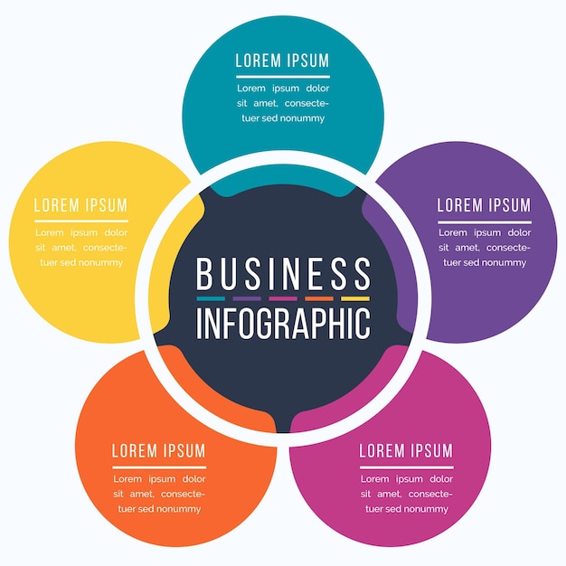 Diseño de infografía de círculo 5 pasos objetos opciones o elementos plantilla de información empresarial