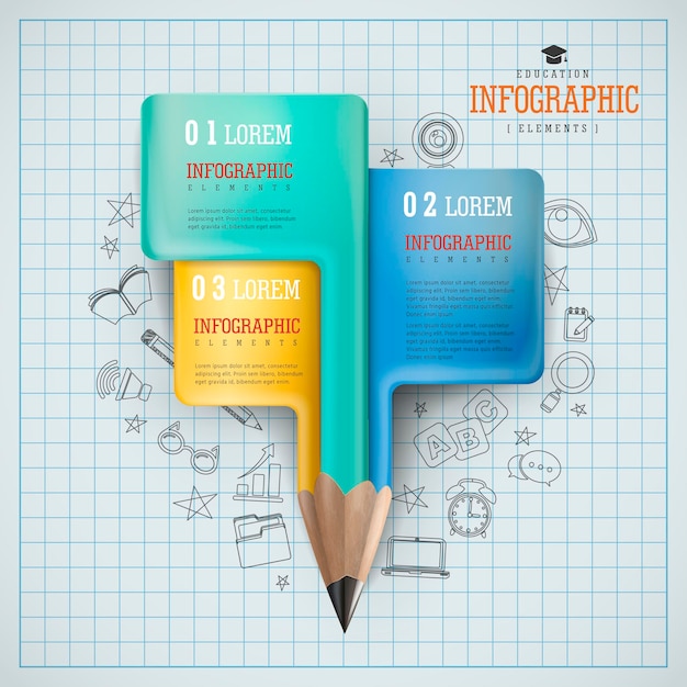 Diseño de infografía educativa, encantador lápiz realista con opciones e iconos