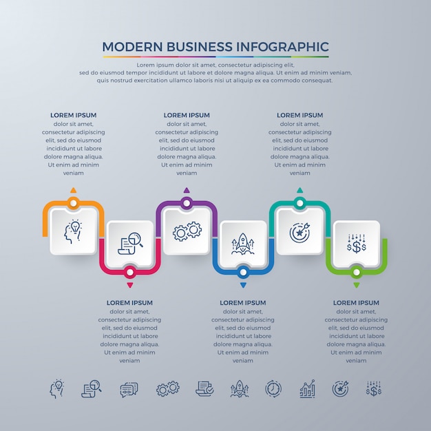 Diseño de infografía empresarial con 6 procesos o pasos.