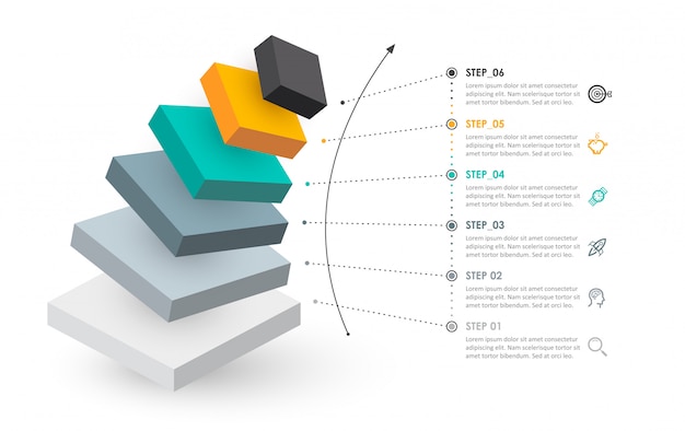 Diseño de infografía isométrica con iconos y 6 niveles de opciones o pasos. Infografía para el concepto de negocio.