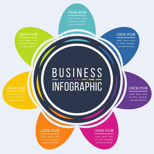 Diseño de infografía de negocios 7 pasos objetos elementos u opciones plantilla de diseño de círculo infográfico
