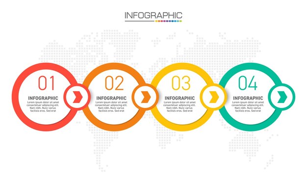 Diseño de infografías 4 pasos con íconos de marketing que se pueden usar para diagrama de diseño de flujo de trabajo diseño web de informe anual
