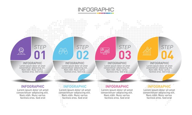 Diseño de infografías 4 pasos con íconos de marketing que se pueden usar para diagrama de diseño de flujo de trabajo diseño web de informe anual