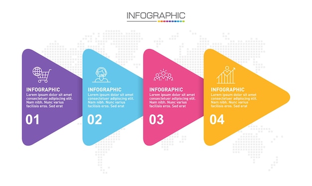 Diseño de infografías 4 pasos con íconos de marketing que se pueden usar para diagrama de diseño de flujo de trabajo diseño web de informe anual