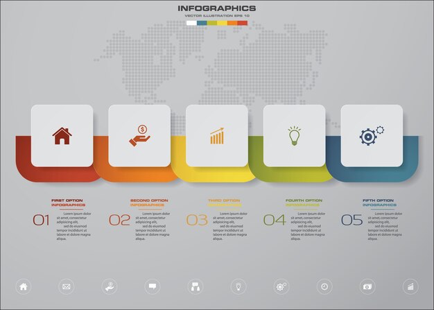 Diseño de infografías con 5 pasos línea de tiempo para la presentación.