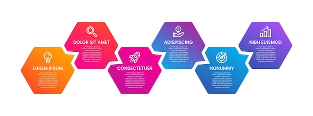 Diseño de infografías con forma de hexágono. Para presentación Concepto de negocio. 6 opciones, pasos o procedimiento