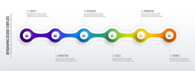 Diseño de infografías de línea de tiempo. Concepto de negocio con 6 opciones, pasos o procesos.