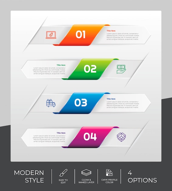 Diseño infográfico con 4 escalones y estilo moderno.