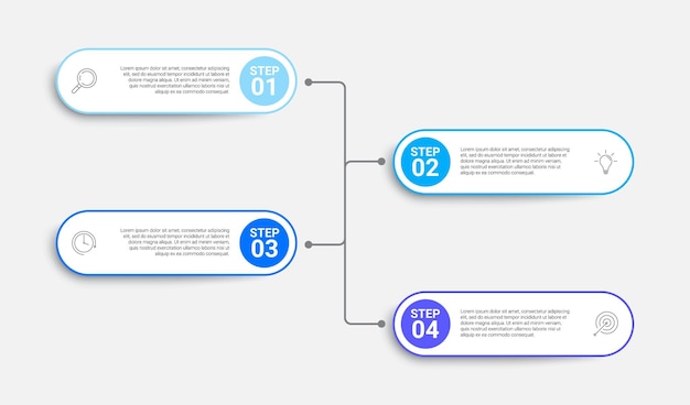 Diseño infográfico con 4 iconos y opciones para los pasos del proceso de negocio