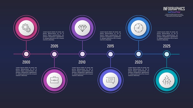 Diseño infográfico de 6 pasos, gráfico de línea de tiempo, presentación