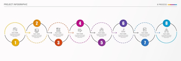 Diseño infográfico 8 opciones o iconos de procesos y finanzas.