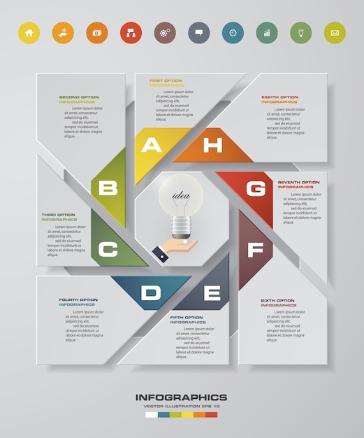 Diseño infográfico con 8 pasos y opciones.