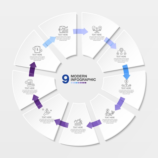Diseño infográfico de círculo con número y 9 opciones o pasos
