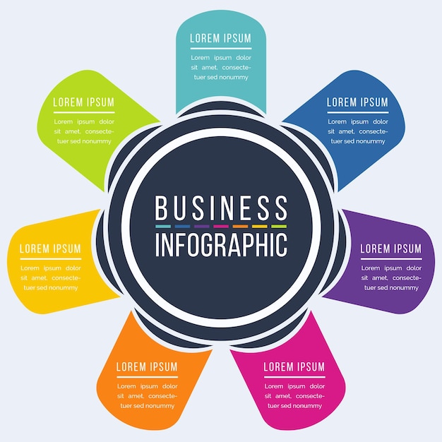 Diseño infográfico colorido 7 pasos objetos elementos u opciones plantilla de información de negocios